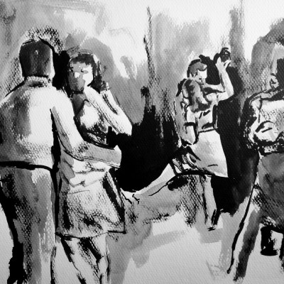 Golden Age Dance I, 2012, ink on watercolor paper